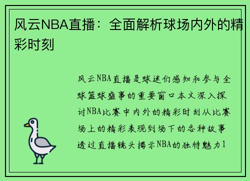 风云NBA直播：全面解析球场内外的精彩时刻