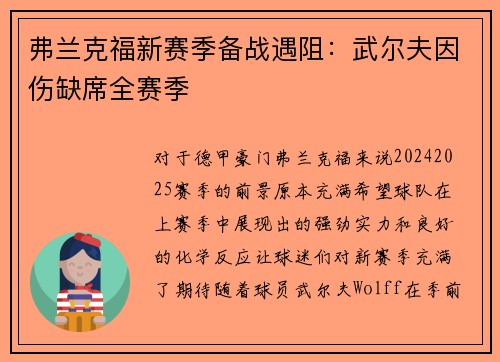 弗兰克福新赛季备战遇阻：武尔夫因伤缺席全赛季